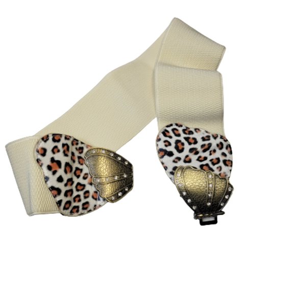 Butterfly Buckle Stretch Belt Animal Print Antique Gold Tone Buckle Brown Cream - Picture 4 of 16